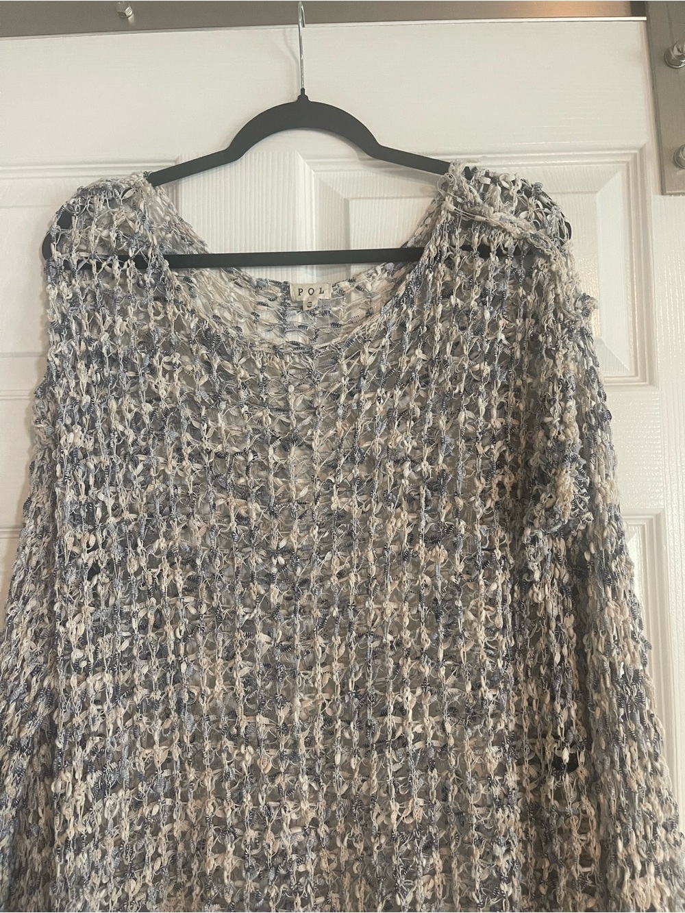 POL Open-Weave Crewneck Sweater in Cream and Blue